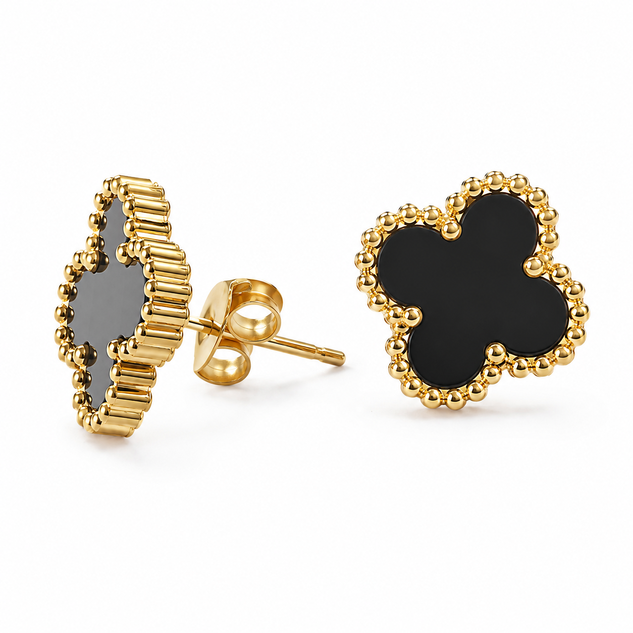 PM043G – Gold L Black Four-Leaf Clover Stud Minđuše
