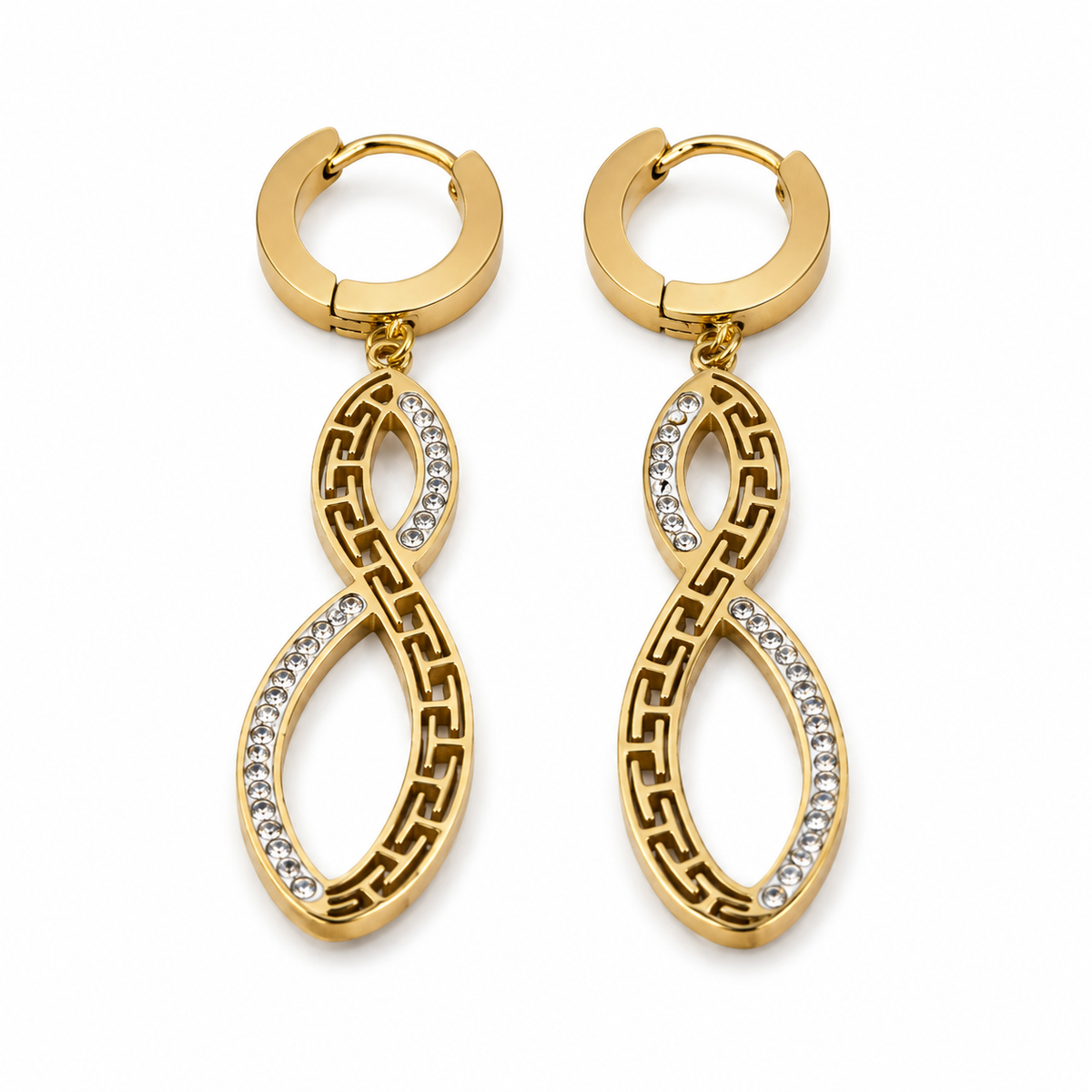 PM034G – Gold Infinity Greek Key CZ Dangle Huggie Minđuše