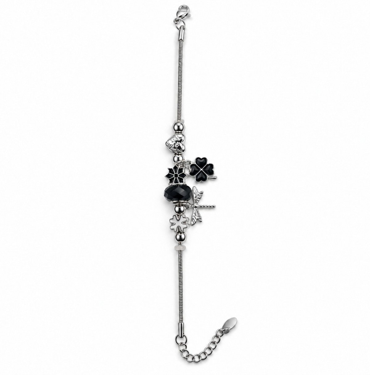 PN030 - Silver Black Clover Dragonfly Charm Narukvica