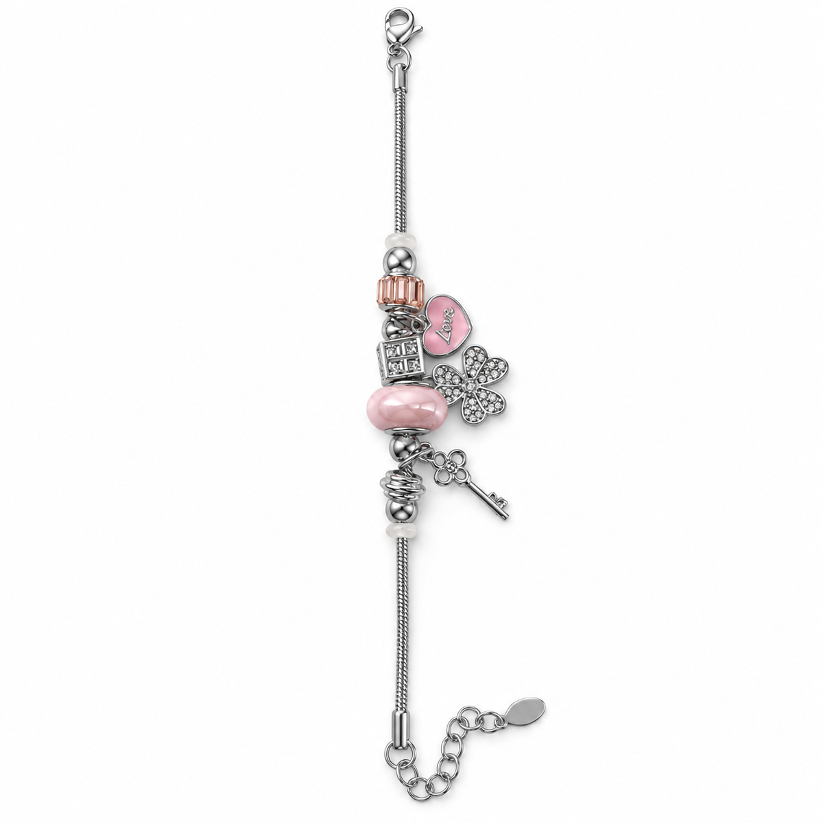 PM031 - Silver Pink Love Flower Key Charm Narukvica - prikaz cele narukvice