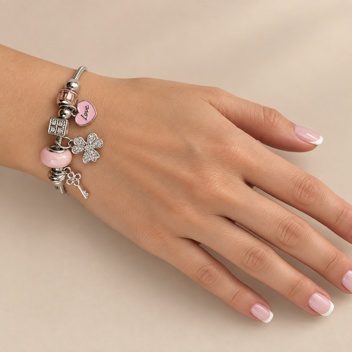 PN031 - Silver Pink Love Flower Key Charm Narukvica
