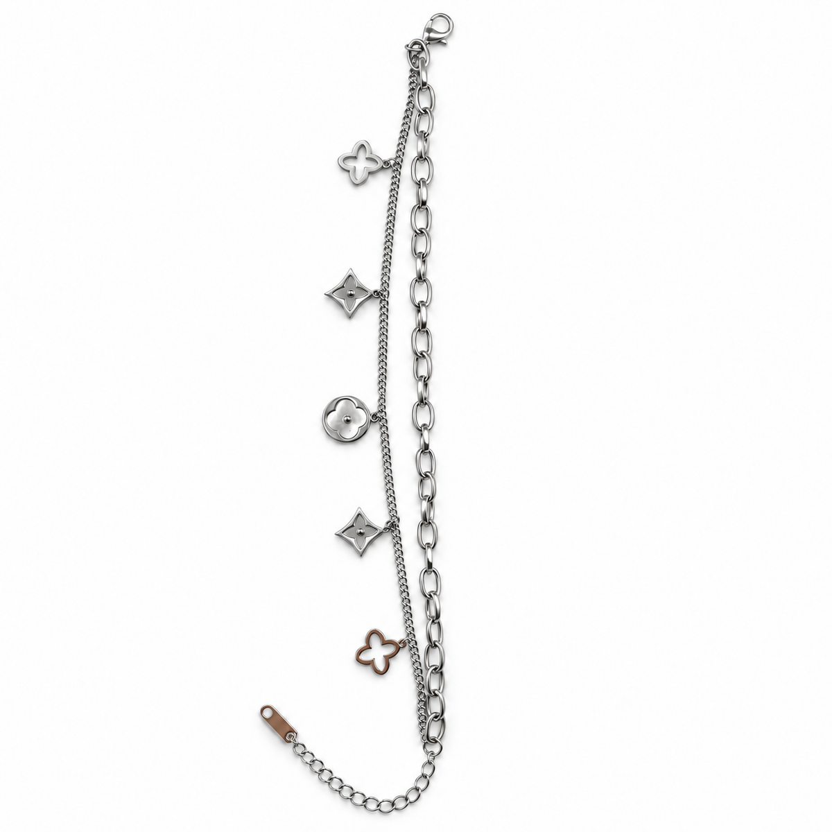 PN033 - Silver Double Chain Floral Clover Charm Narukvica - prikaz cele narukvice