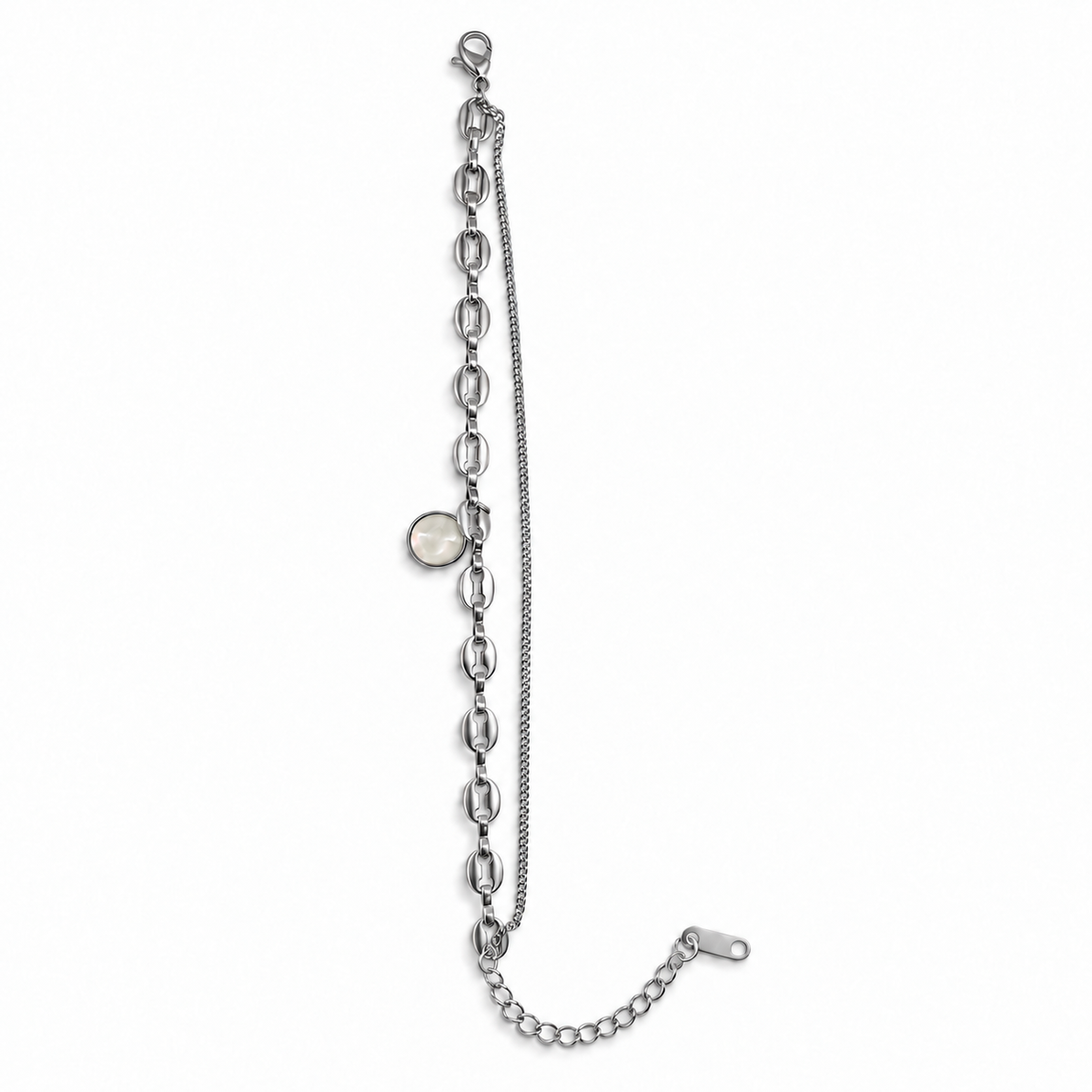 PN034 - Silver Double Chain White Round Charm Narukvica - prikaz cele narukvice