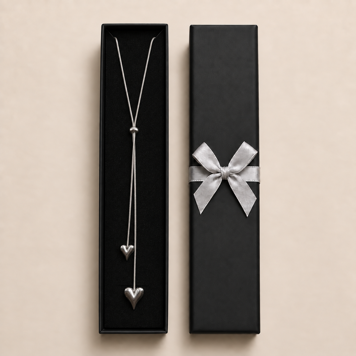 PO050 - Silver Double Heart Slider Lariat Ogrlica
