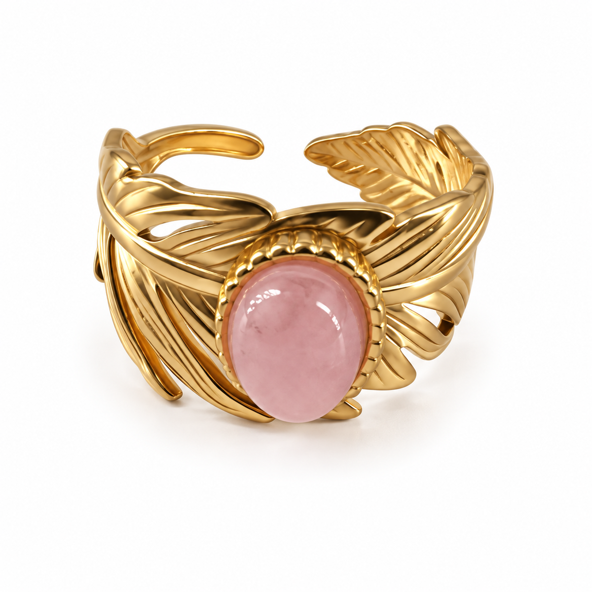 PP036G - Gold Pink Oval Stone Feather Cuff Prsten sa centralnim pink stone i feather detaljima