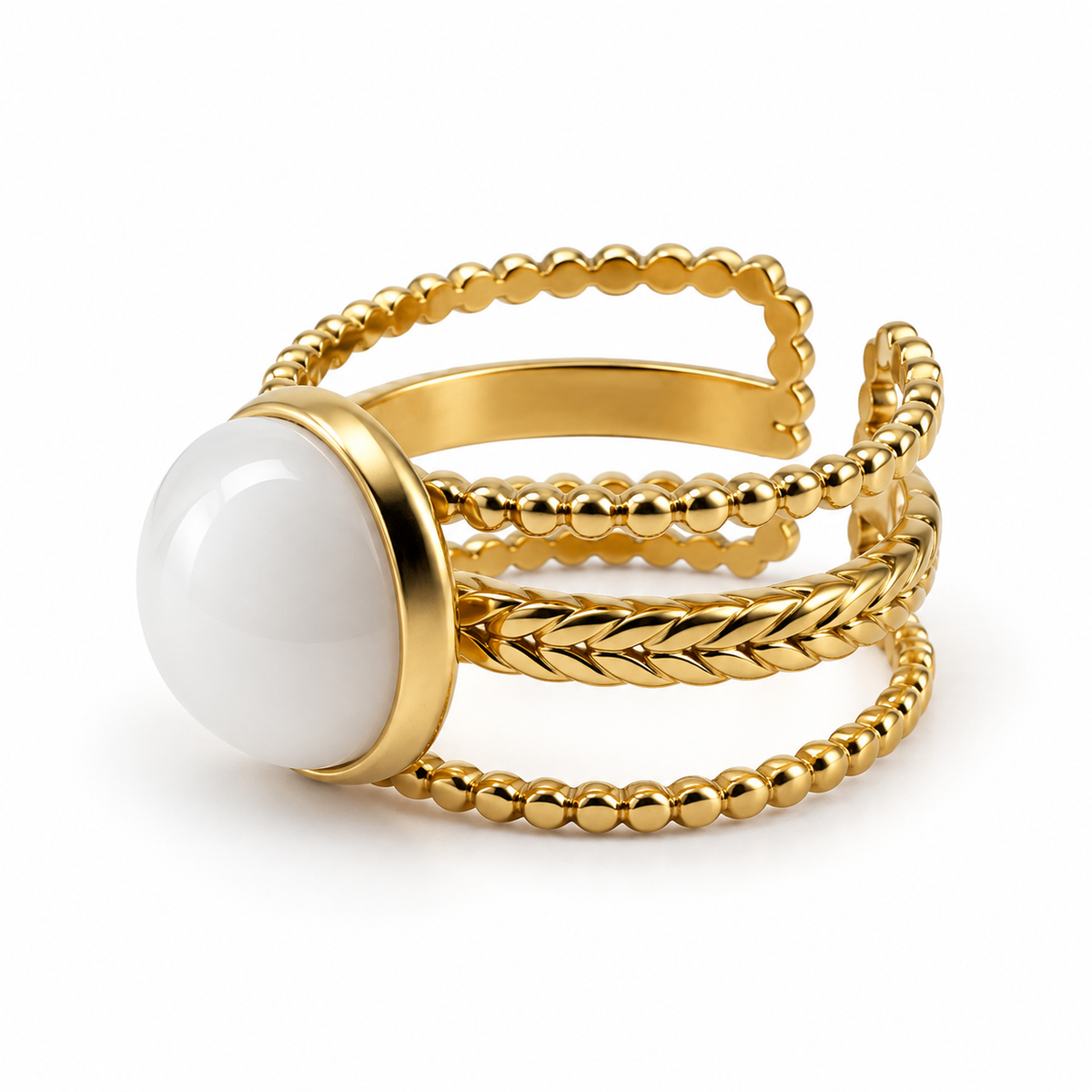 PP038G - Gold White Cabochon Multi Band Cuff Prsten sa belim cabochon elementom i teksturiranim Gold trakama
