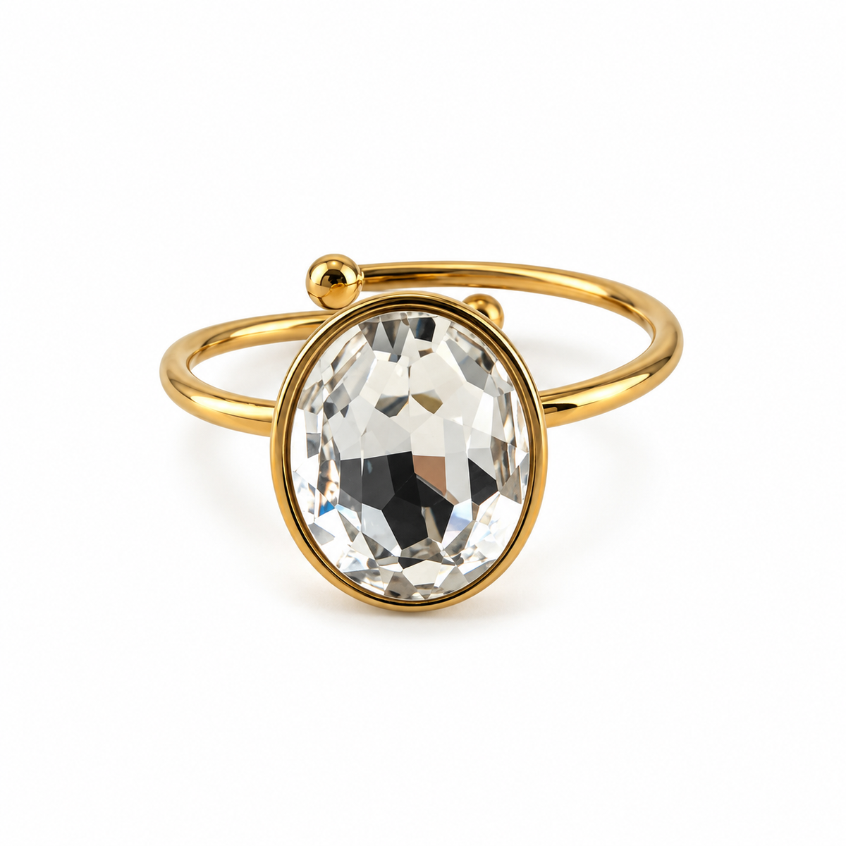 PP037G - Gold Faceted Oval Crystal Open Prsten sa velikim providnim faceted crystal elementom