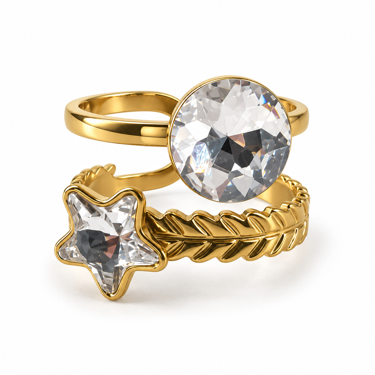 PP041G - Gold Round & Star Crystal Double Band Open Prsten sa round i star crystal detaljima