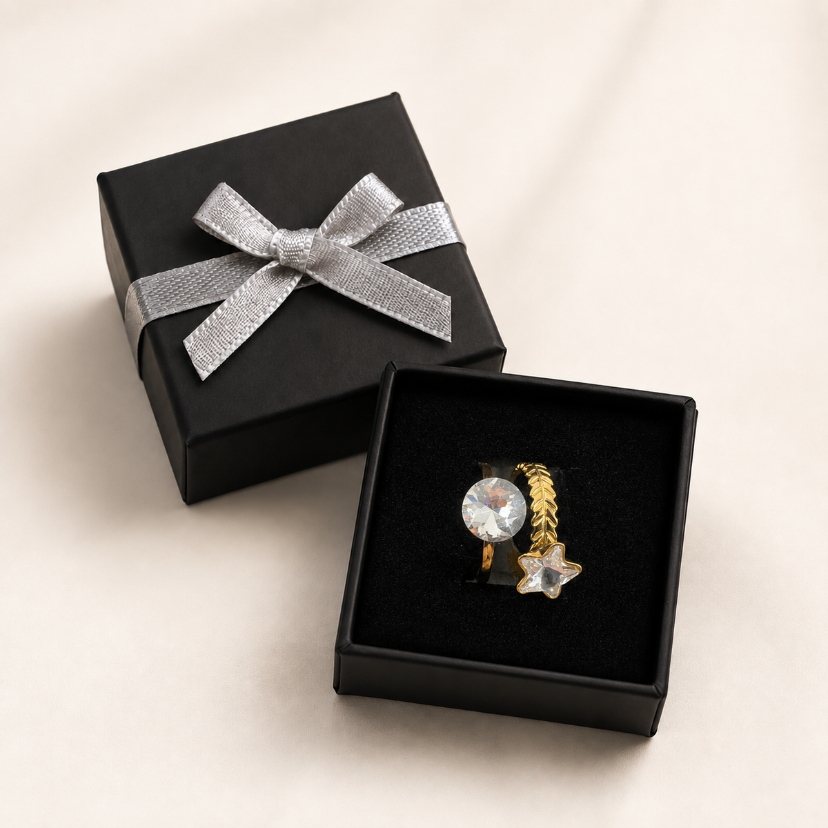 PP041G - Gold Round & Star Crystal Double Band Open Prsten