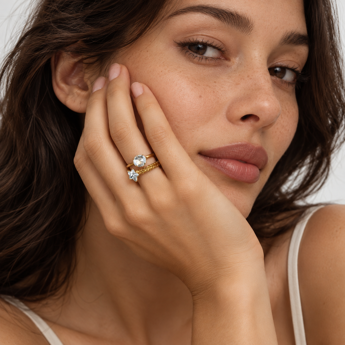PP041G - Gold Round & Star Crystal Double Band Open Prsten