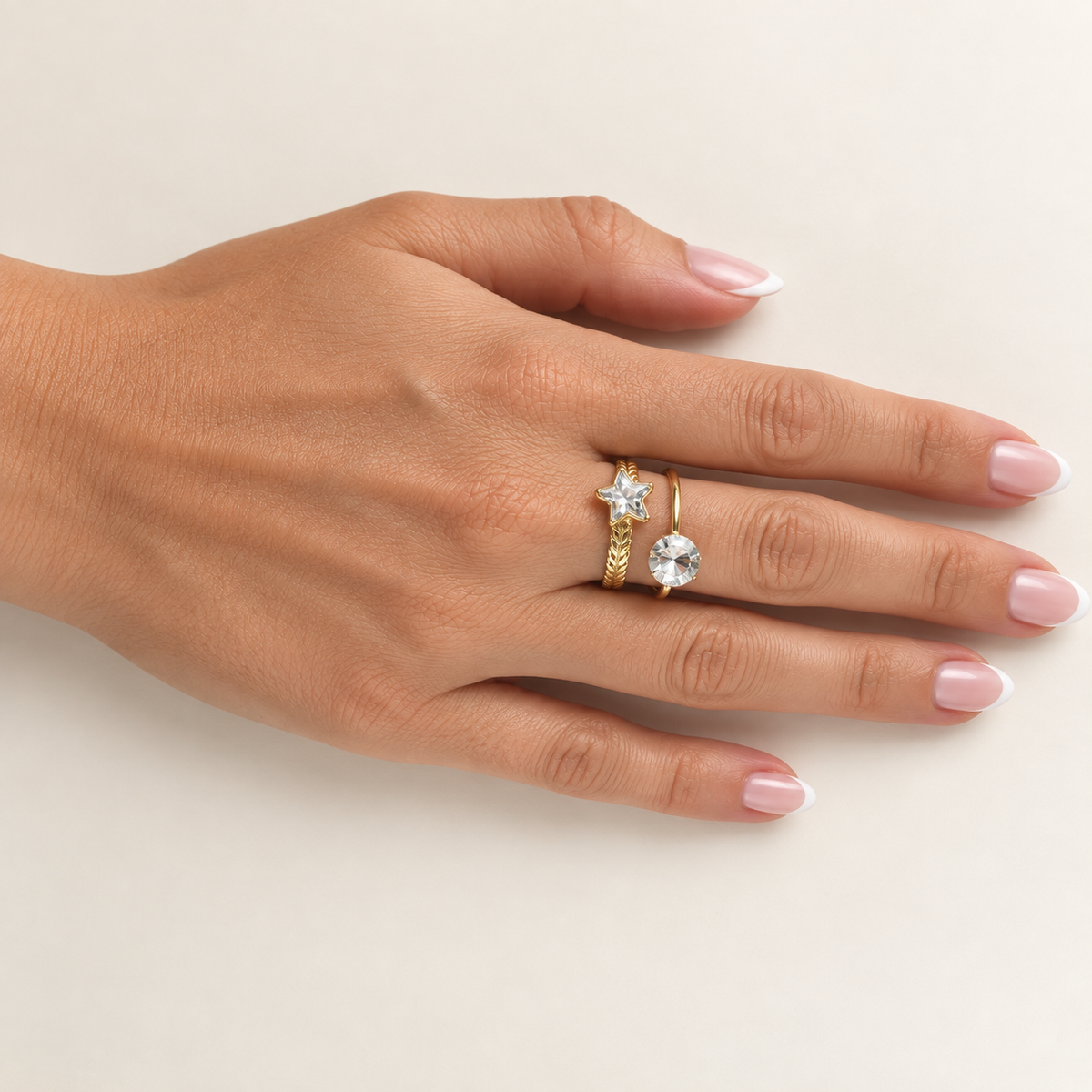 PP041G - Gold Round & Star Crystal Double Band Open Prsten