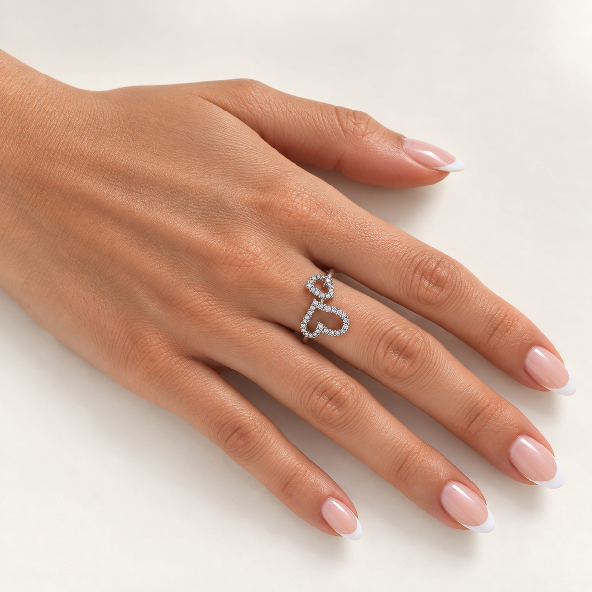 PP051 - Silver Twin Pavé Open Heart Prsten