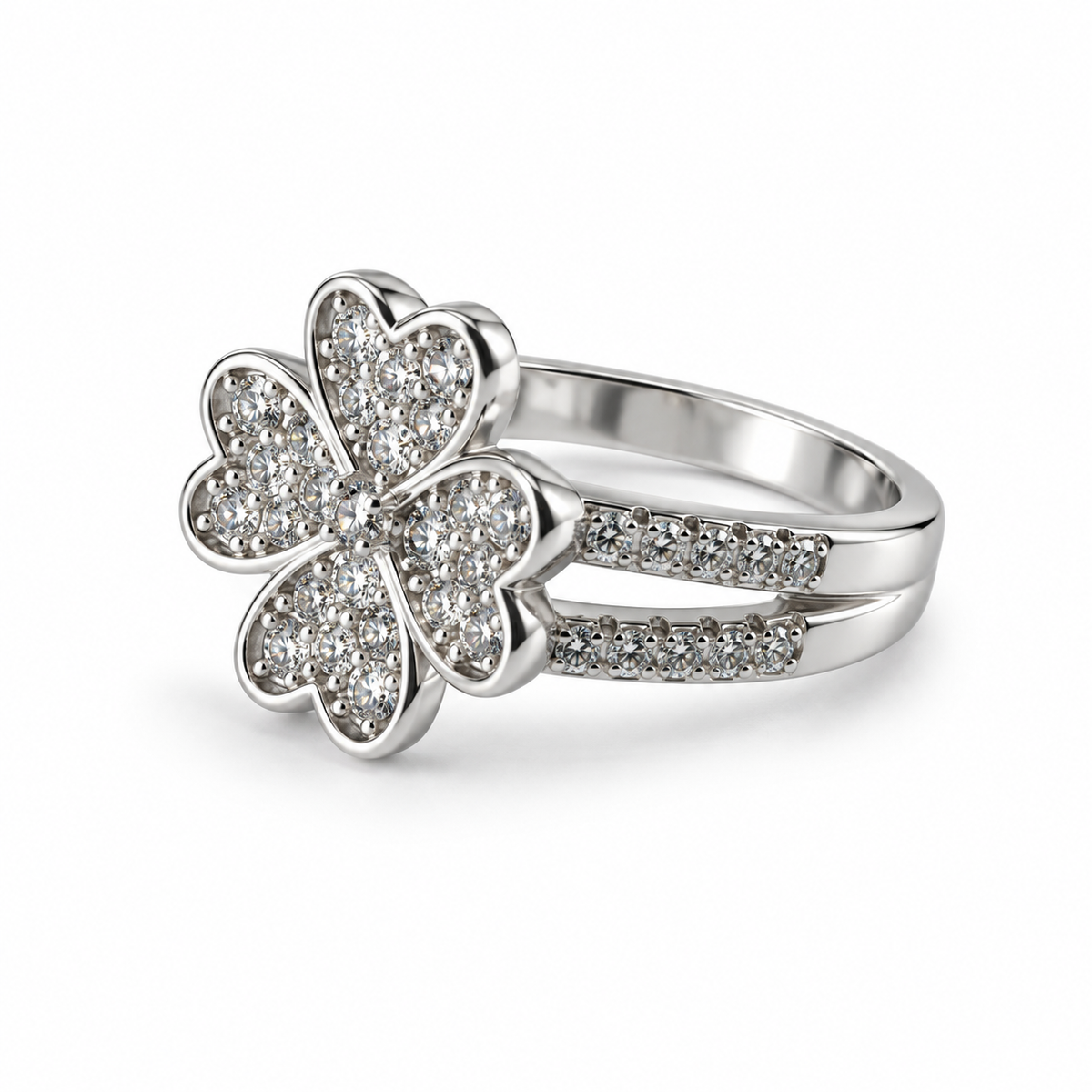 PP052 - Silver Pavé Heart Petal Flower Split Band Prsten sa pavé flower motivom i split-band trakom