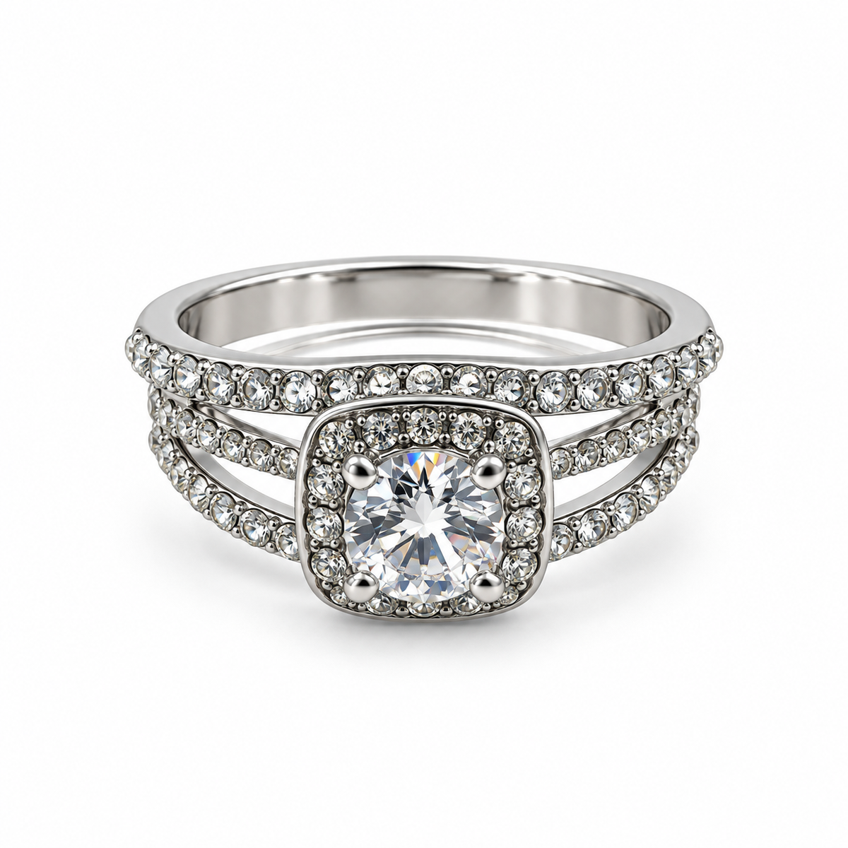 PP054 - Silver Round CZ Cushion Halo Triple Pavé Prsten sa centralnim round CZ kamenom i triple pavé trakom