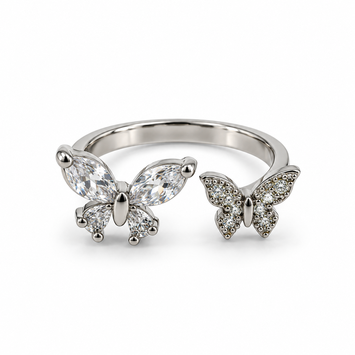 PP055 - Silver Twin Butterfly Marquise & Pavé Open Prsten sa dva butterfly motiva i CZ detaljima