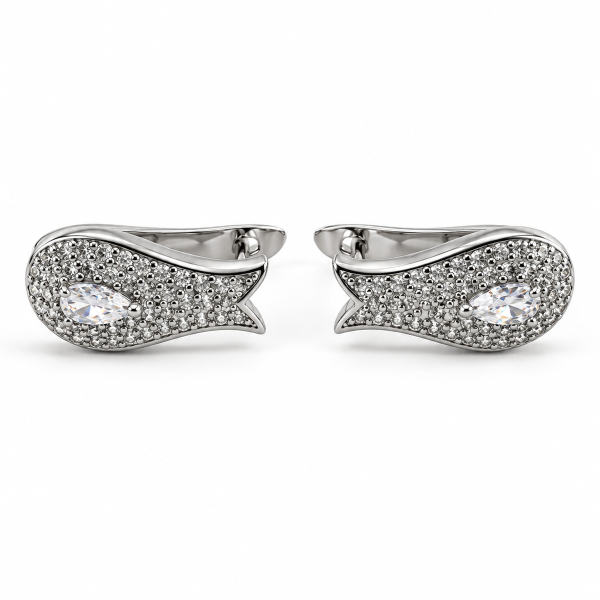 PM174 - Silver Pear CZ Pavé Leaf Huggie Minđuše sa pear-cut CZ kamenom i pavé cirkonima