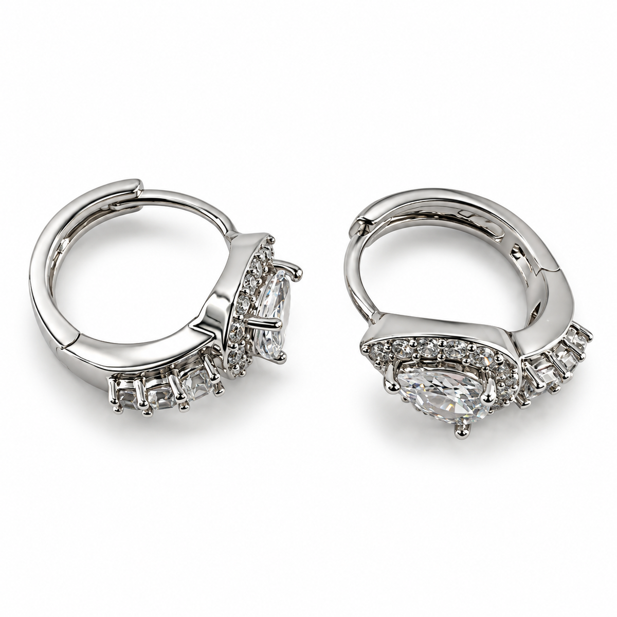 PM183 - Silver Pear CZ Side Stone Huggie Minđuše