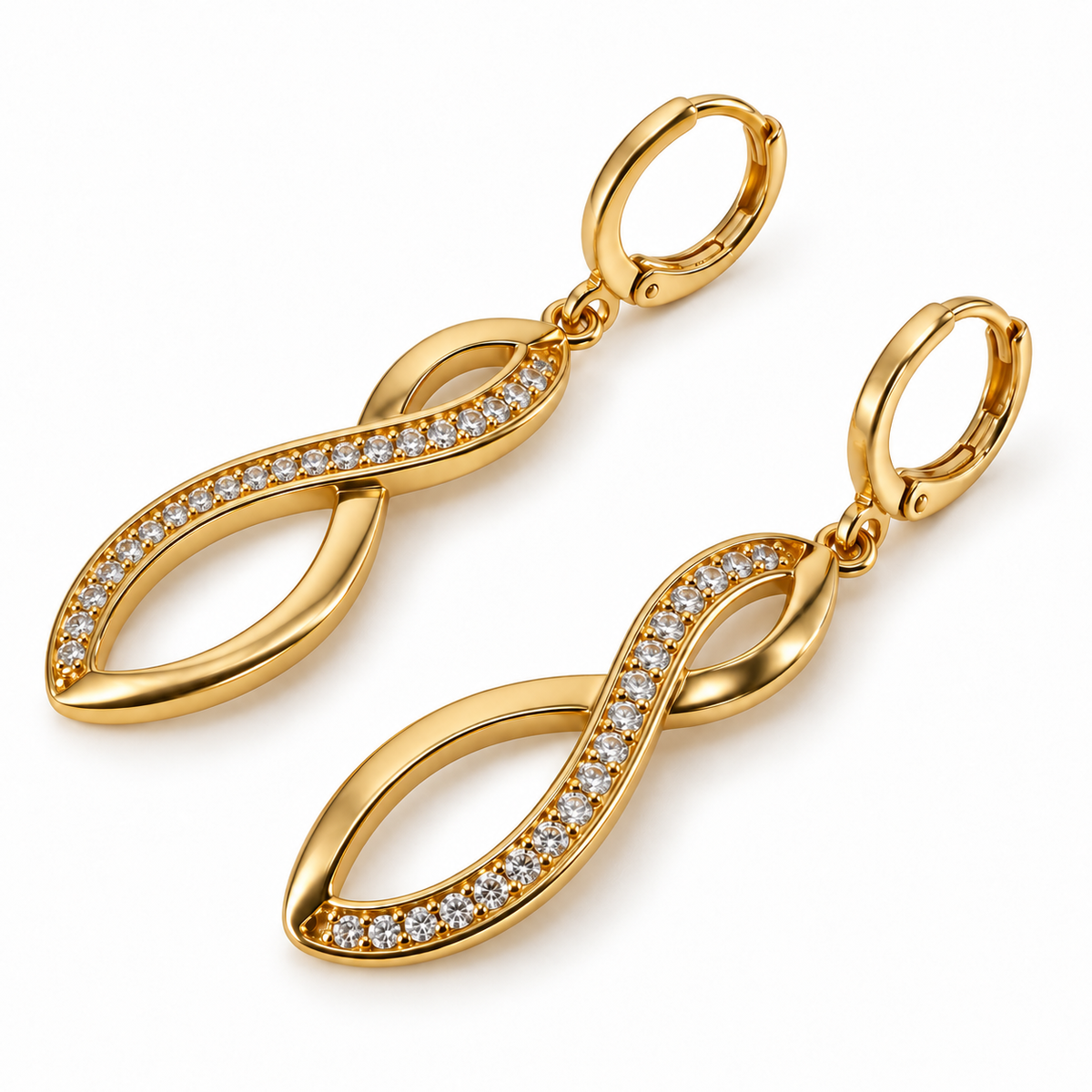 PM094G - Gold Infinity Loop Sparkle Drop Minđuše - frontalni prikaz para