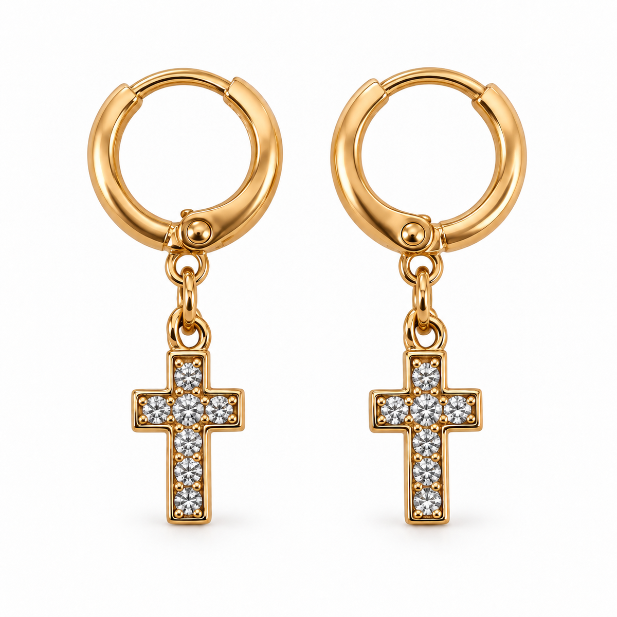 PM096G - Gold Cross Sparkle Huggie Minđuše - prikaz para