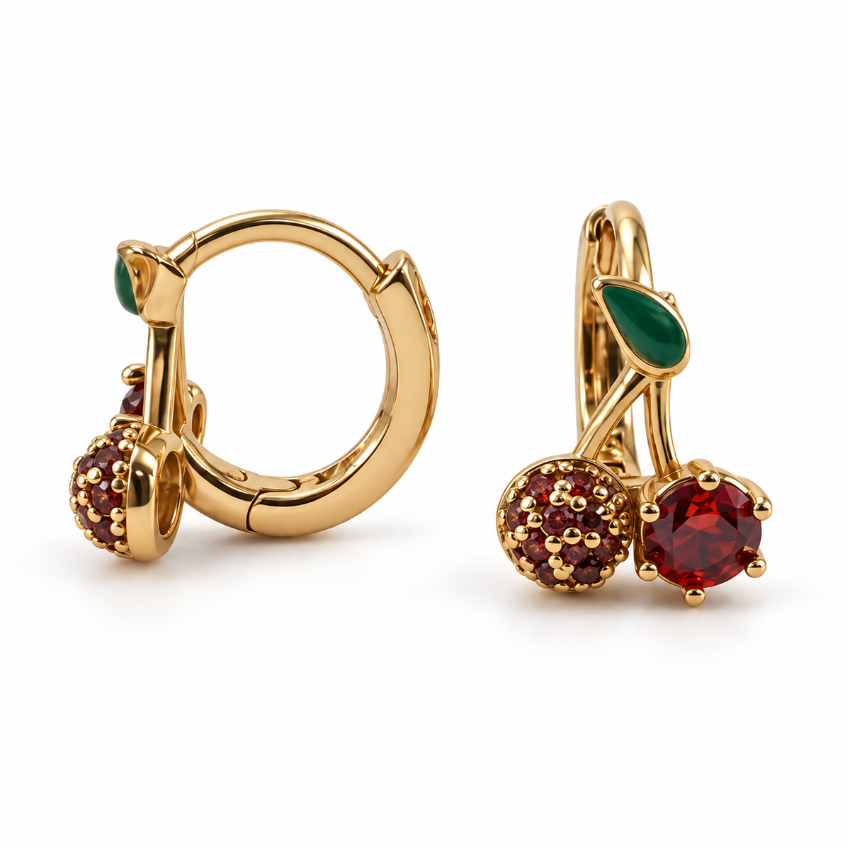 PM098G - Gold Double Cherry Color Huggie Minđuše - bočni prikaz para