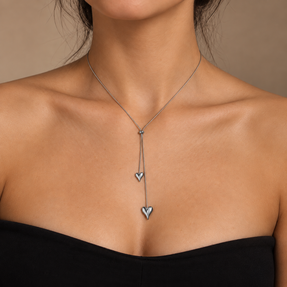 PO050 - Silver Double Heart Slider Lariat Ogrlica