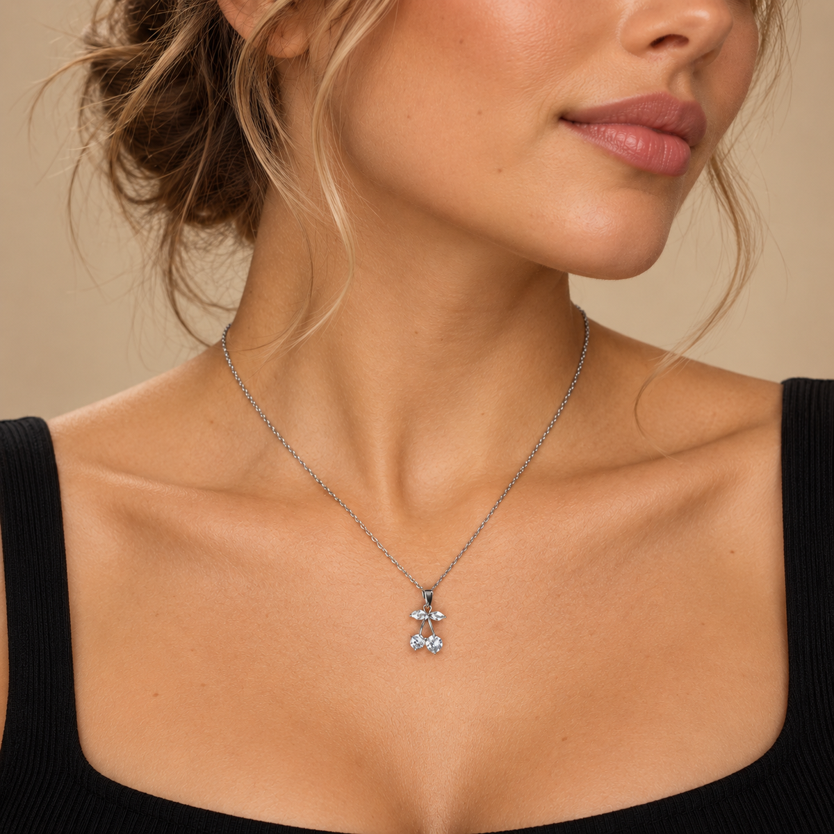 PO057 - Silver Double Cherry Sparkle Pendant Ogrlica