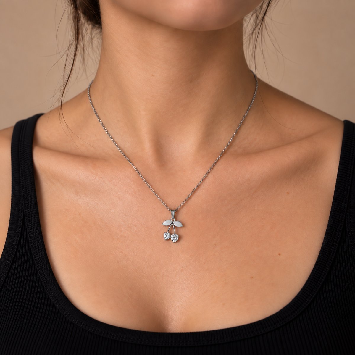 PO057 - Silver Double Cherry Sparkle Pendant Ogrlica