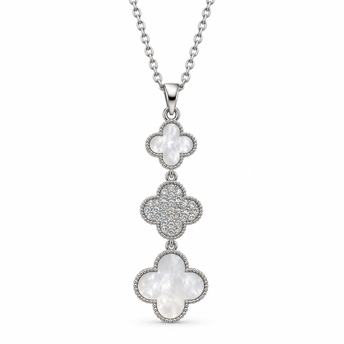PO060 - Silver Triple Clover MOP Pavé Drop Ogrlica sa dva MOP i centralnim pavé clover detaljem