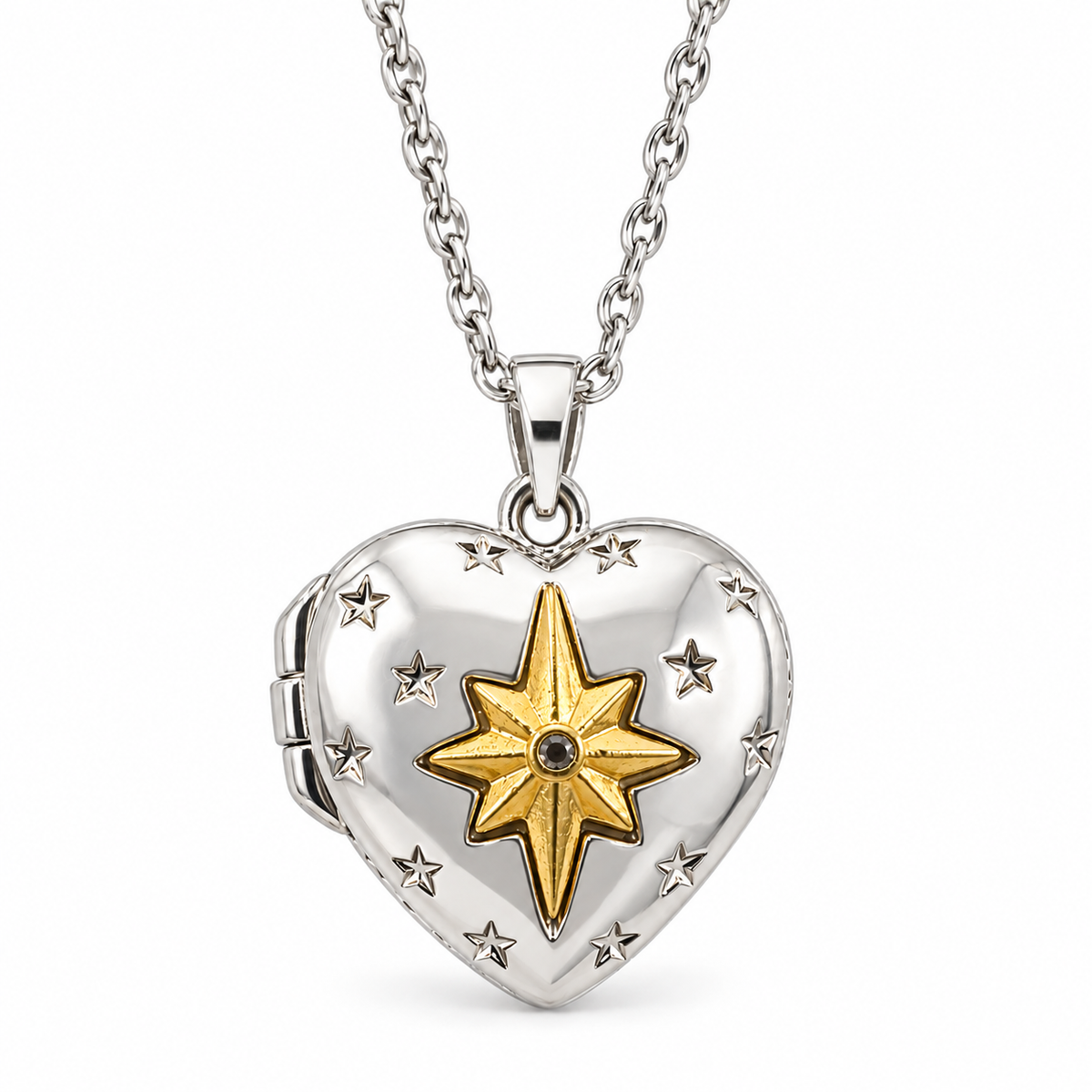 PO061 - Silver Gold Starburst Heart Locket Ogrlica sa zlatnim starburst motivom
