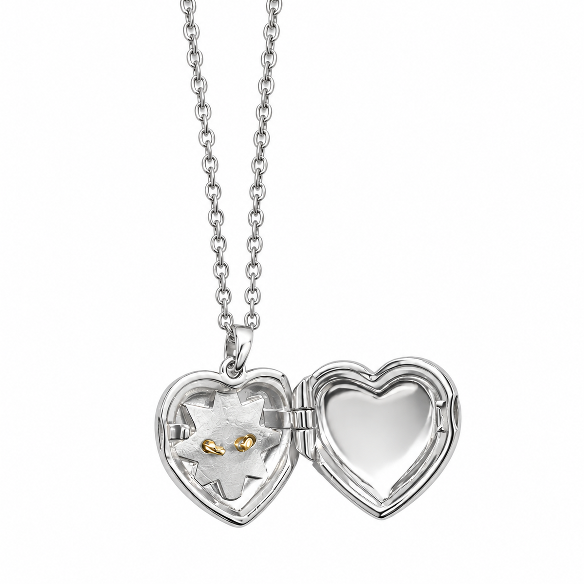 PO061 - Silver Gold Starburst Heart Locket Ogrlica sa otvorenim srcolikim medaljonom