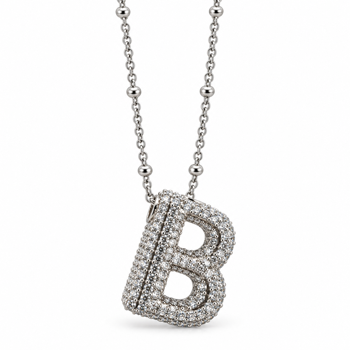 PO062 - Silver Pavé Letter B Ball Station Ogrlica sa CZ priveskom u obliku slova B