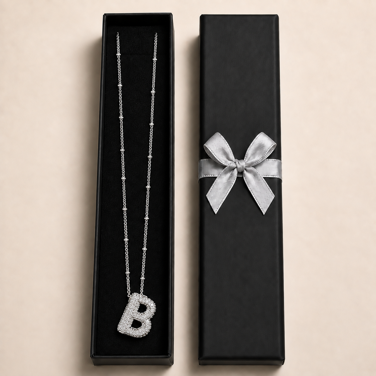 PO062 - Silver Pavé Letter B Ball Station Ogrlica