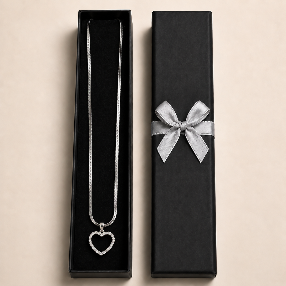 PO063 - Silver Open Heart CZ Pavé Snake Chain Ogrlica