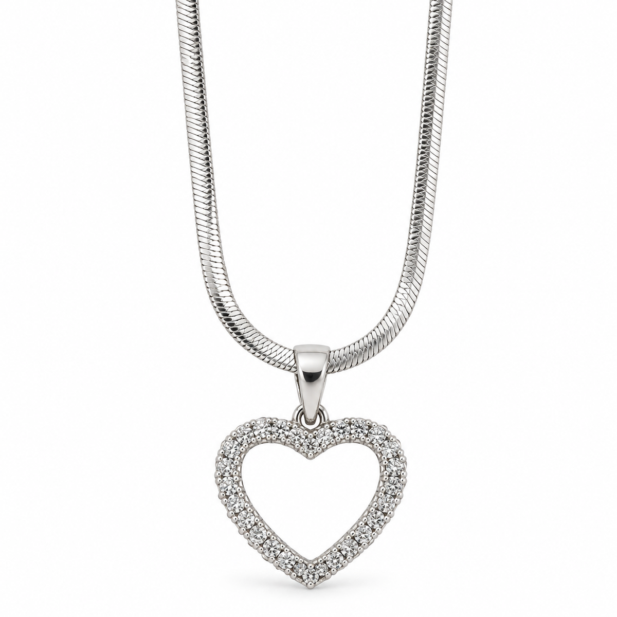 PO063 - Silver Open Heart CZ Pavé Snake Chain Ogrlica sa svetlucavim CZ srcem