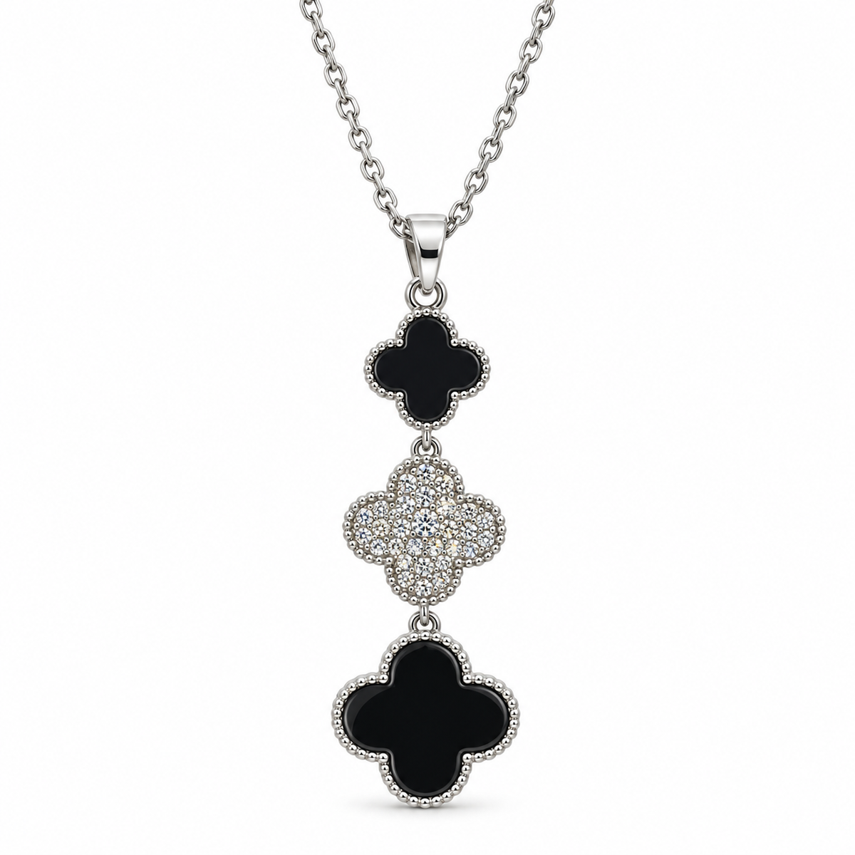 PO064 - Silver Triple Clover Black Pavé Drop Ogrlica sa crnim clover detaljima i centralnim pavé cirkonima