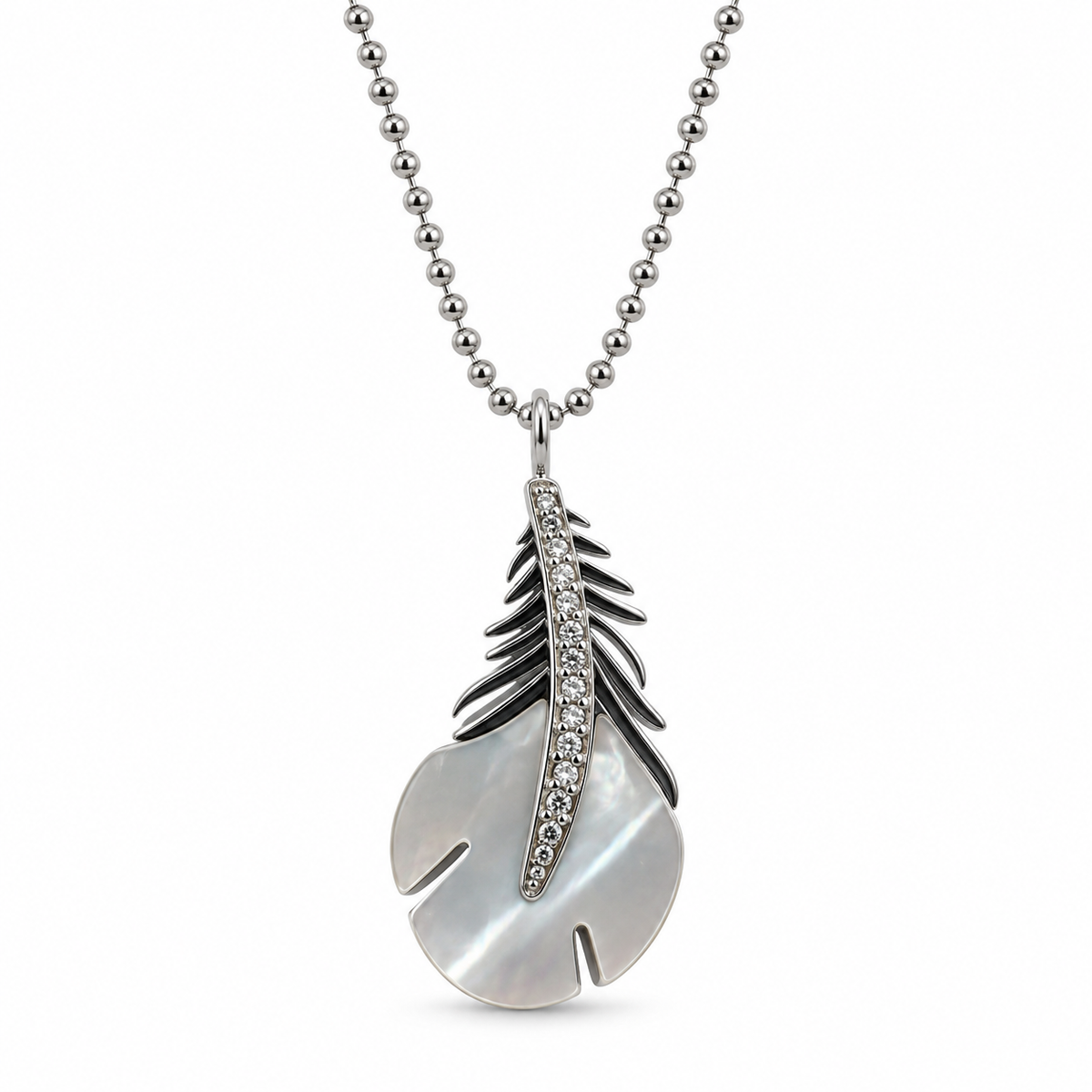 PO065 - Silver MOP Leaf CZ Feather Ball Chain Ogrlica sa MOP listom i CZ feather priveskom