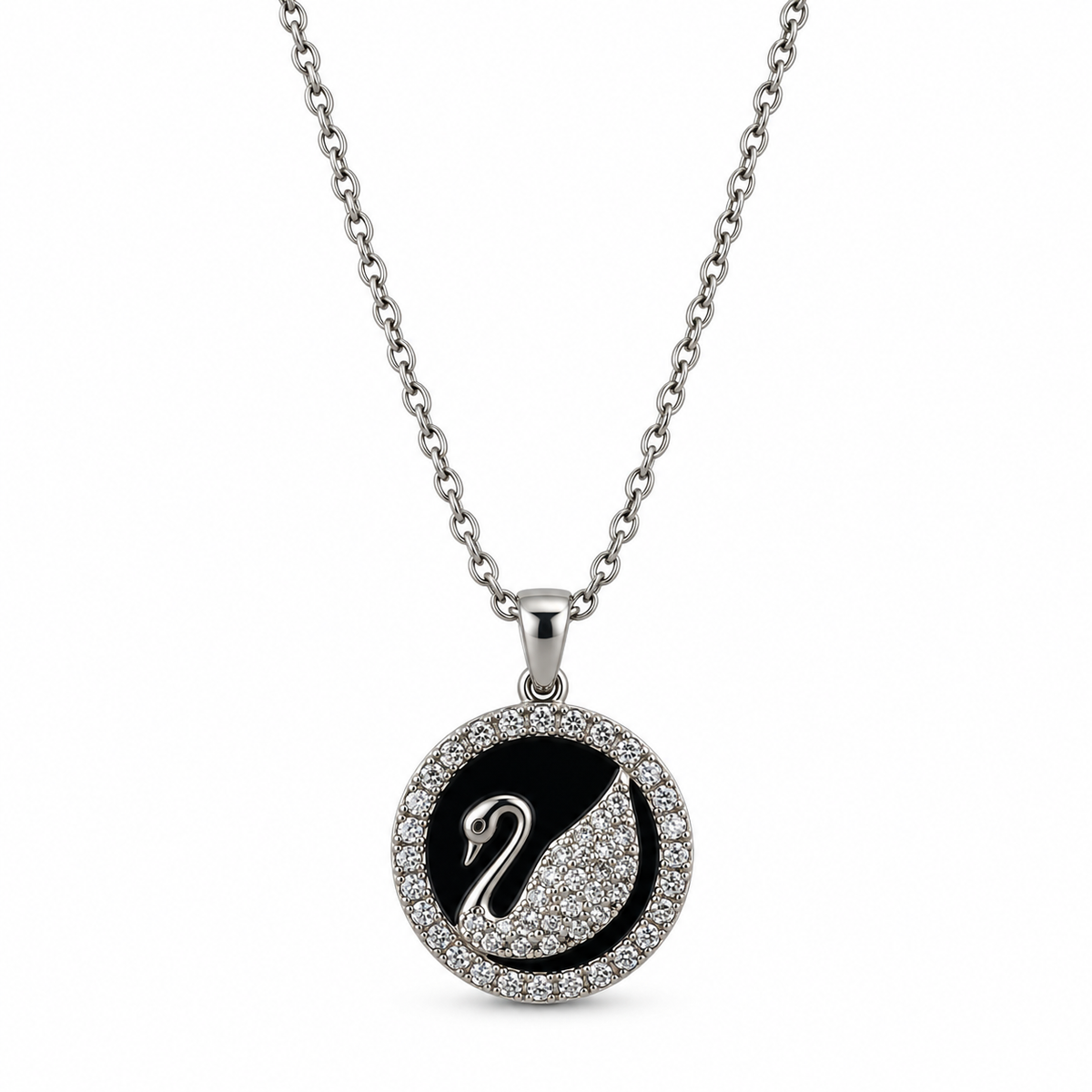 PO059 - Silver Black Swan Pavé Halo Pendant Ogrlica sa crnim medaljonom i pavé cirkonima