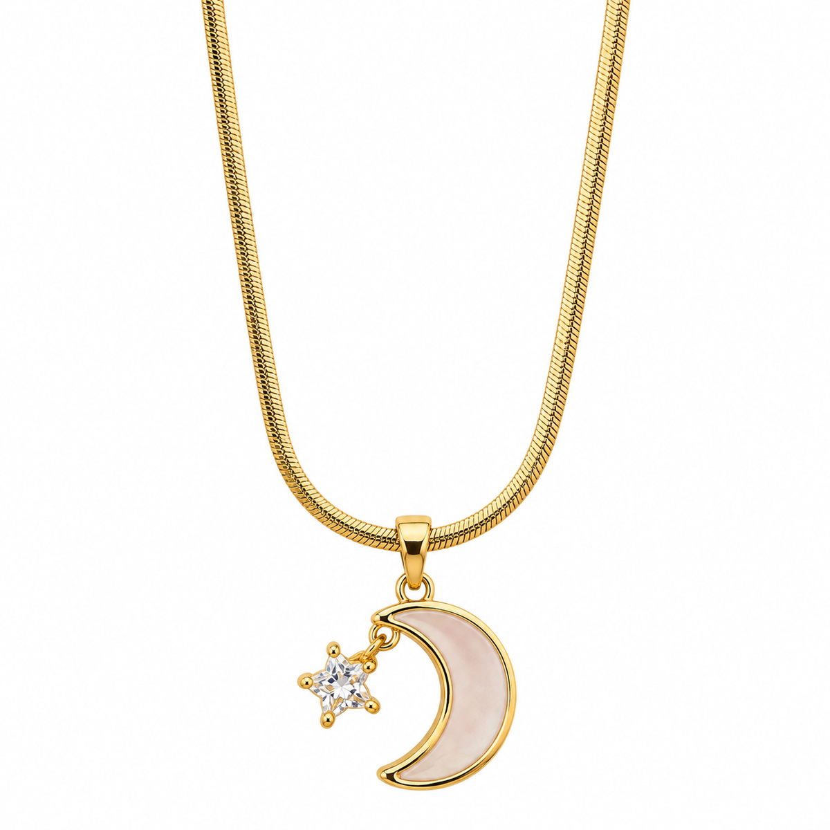 PO019G - Gold MOP Crescent Star Charm Snake Chain Ogrlica sa MOP polumesecom i CZ zvezdom