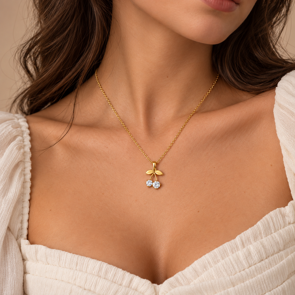 PO018G - Gold Twin Cherry CZ Pendant Ogrlica