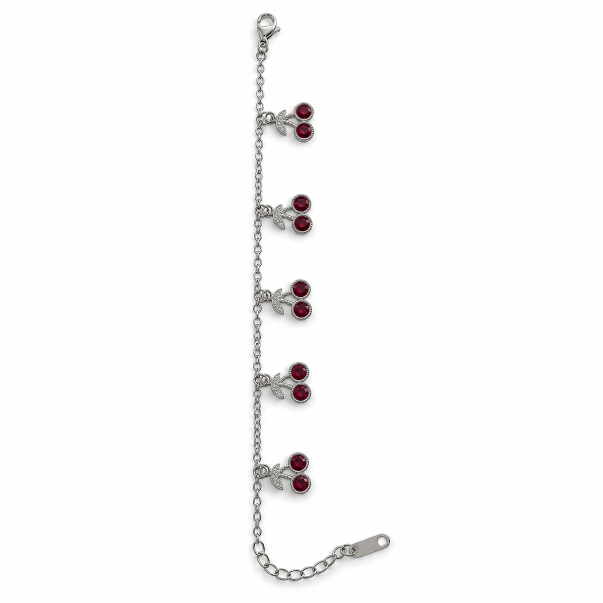 PN039 - Silver Red CZ Five Cherry Charm Narukvica sa pet visećih cherry privezaka