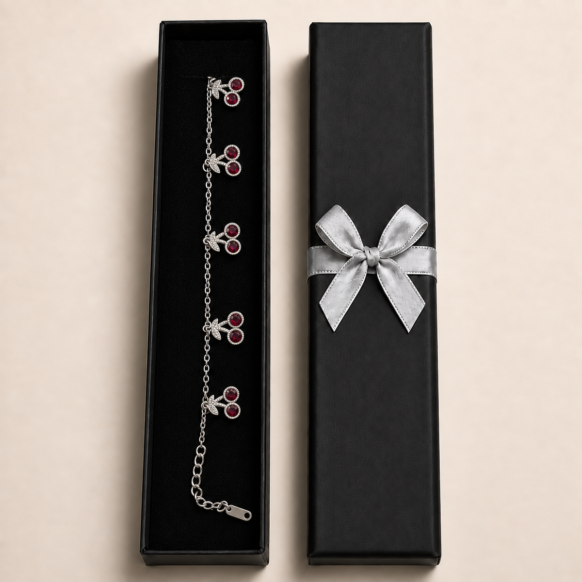 PN039 - Silver Red CZ Five Cherry Charm Narukvica
