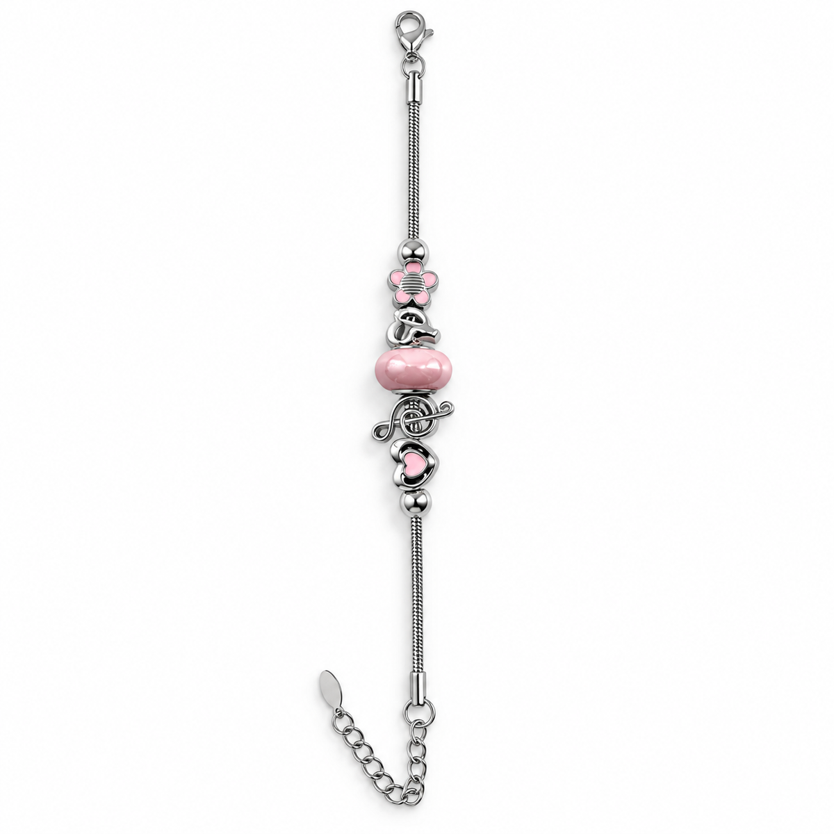 PN040 - Silver Pink Flower Heart Music Charm Snake Chain Narukvica sa pink bead, heart i music charm detaljima