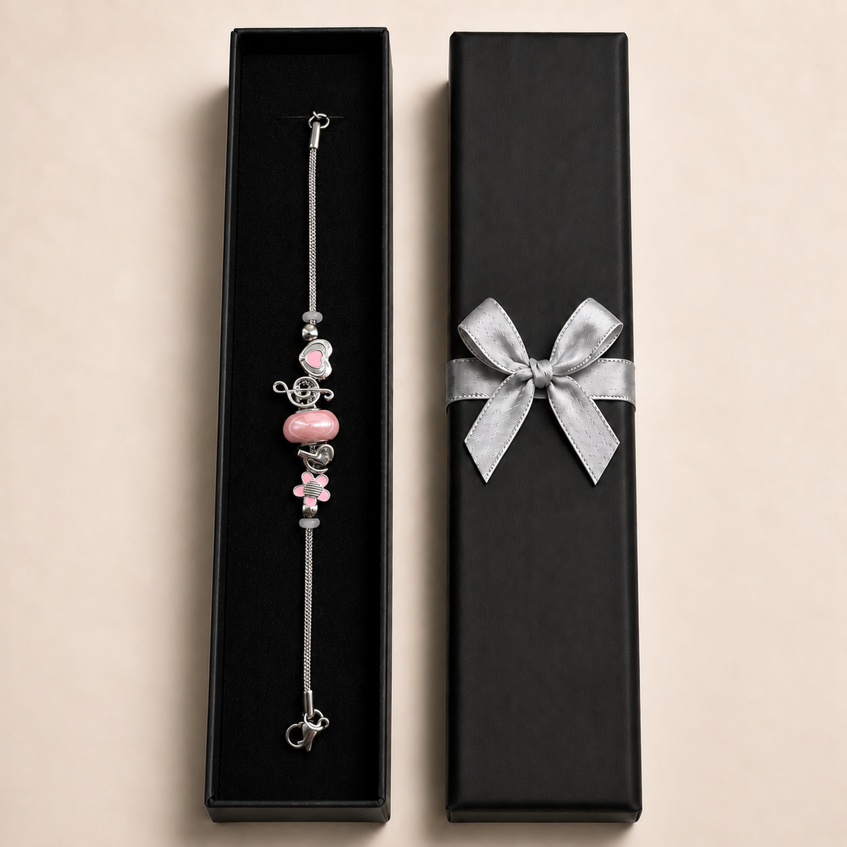 PN040 - Silver Pink Flower Heart Music Charm Snake Chain Narukvica