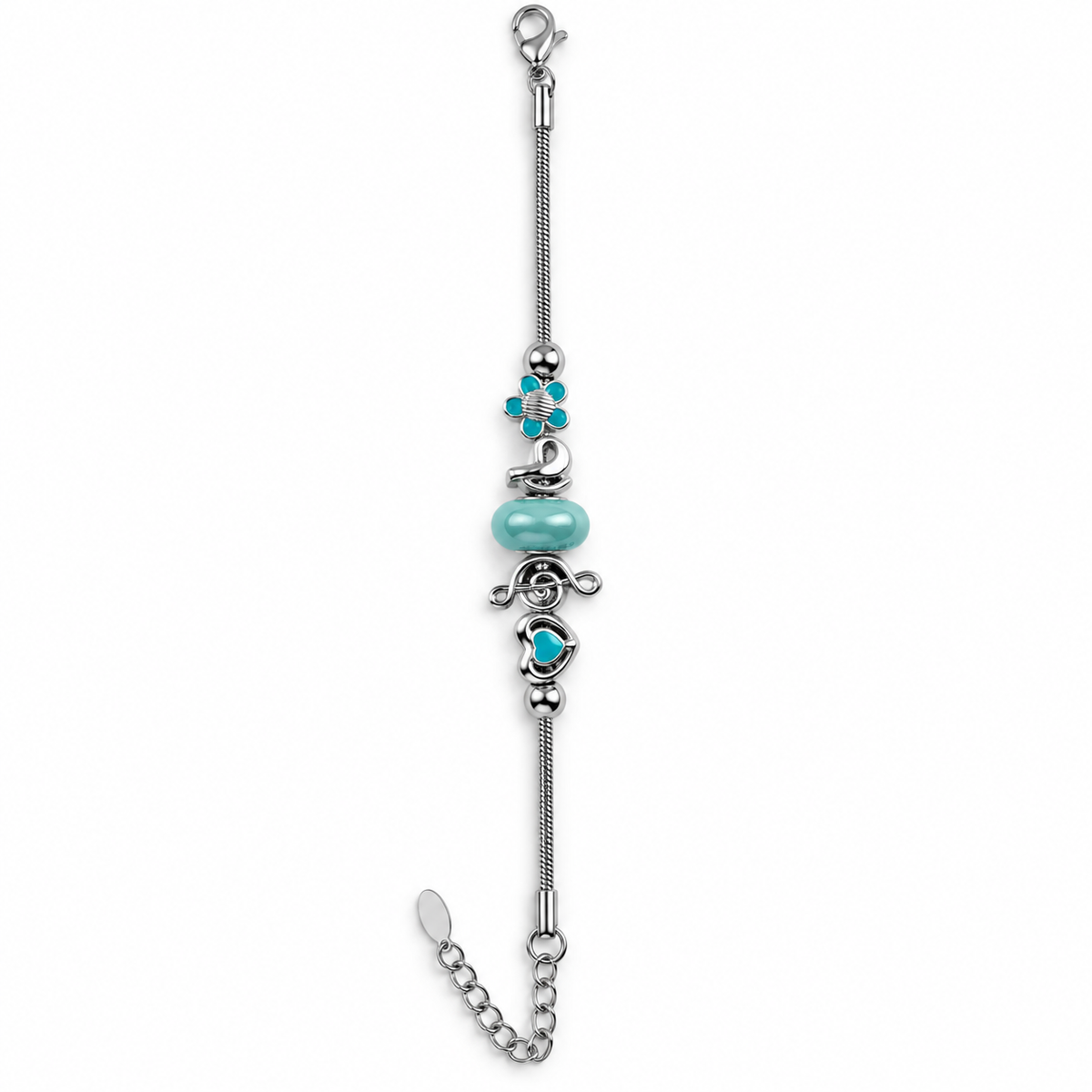 PN041 - Silver Turquoise Flower Heart Music Charm Snake Chain Narukvica sa turquoise bead, heart i music charm detaljima