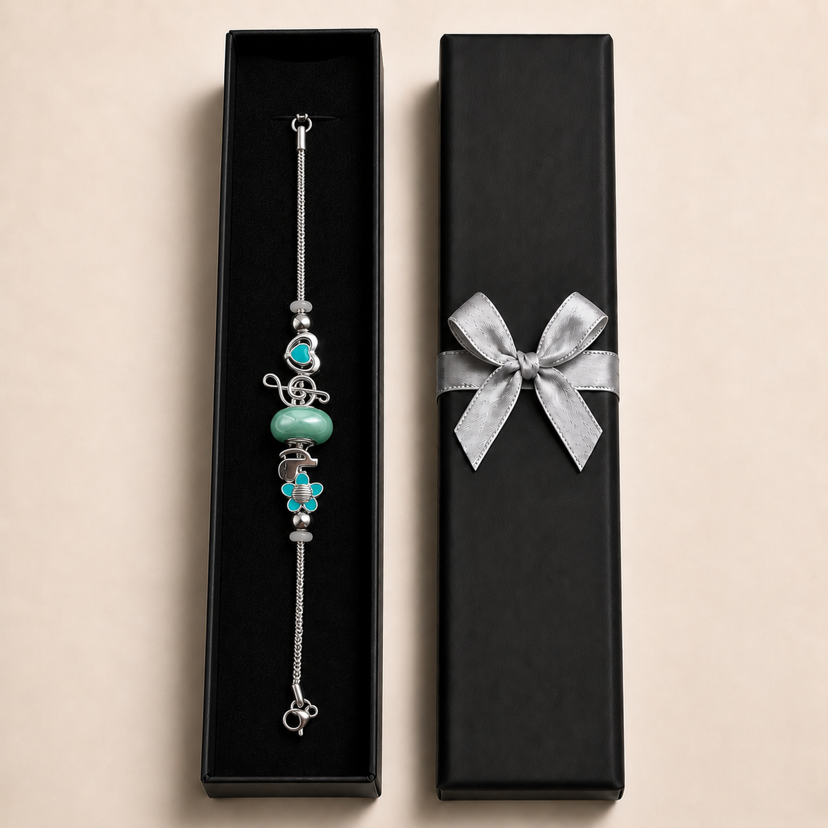 PN041 - Silver Turquoise Flower Heart Music Charm Snake Chain Narukvica