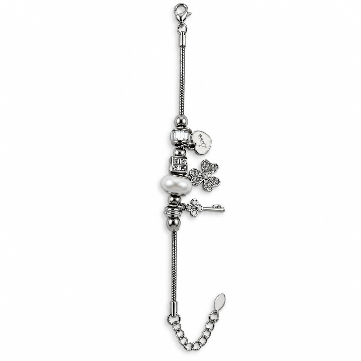 PN042 - Silver White Bead Key Flower Love Charm Snake Chain Narukvica sa belim bead, key, flower i Love heart detaljima