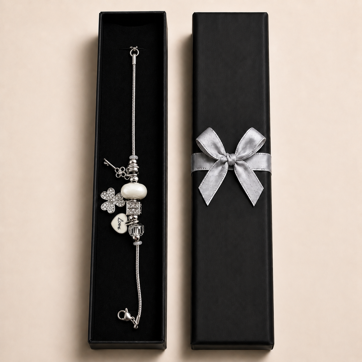 PN042 - Silver White Bead Key Flower Love Charm Snake Chain Narukvica