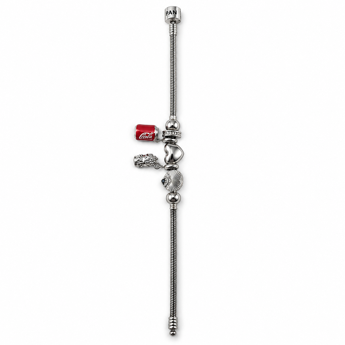 PN043 - Silver Red Soda Can Crown Heart Charm Snake Chain Narukvica sa red can, crown i heart charm detaljima