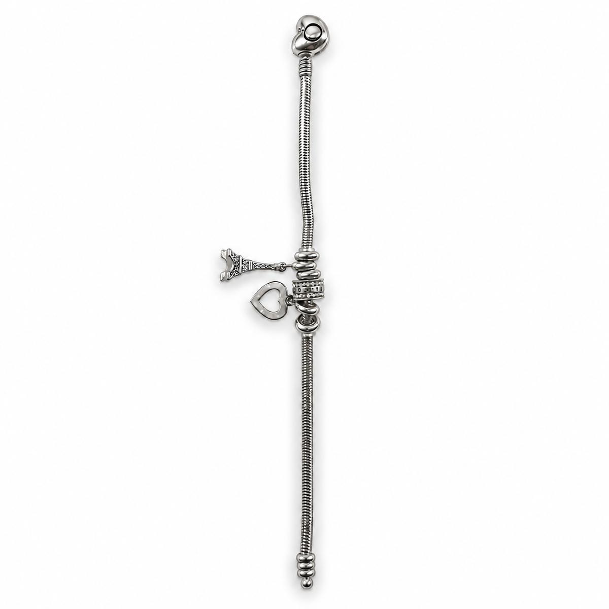 PN044 - Silver Eiffel Tower Heart Charm Snake Chain Narukvica sa Eiffel Tower, heart i CZ detaljima