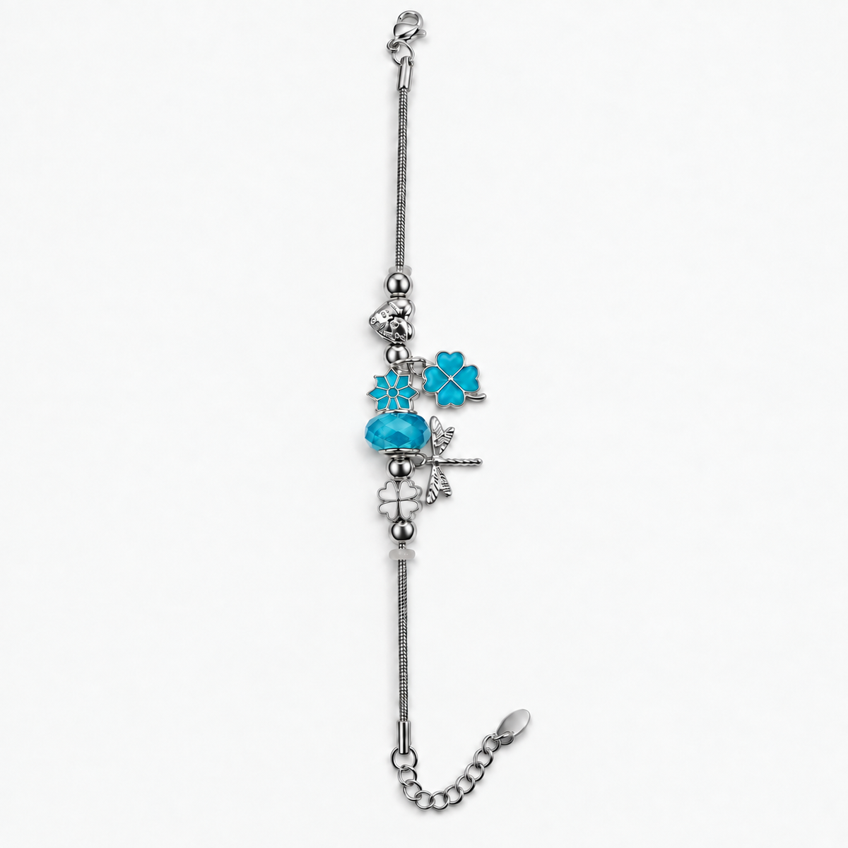 PN045 - Silver Turquoise Clover Dragonfly Charm Snake Chain Narukvica sa turquoise bead, clover i dragonfly detaljima
